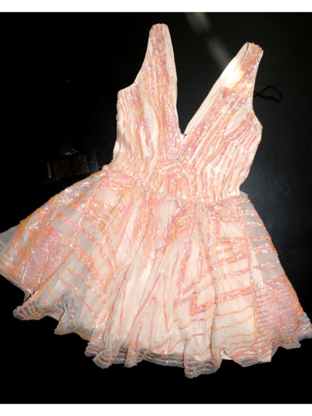 $200 New Bebe coral pink sequin double v neck flare mesh top dress